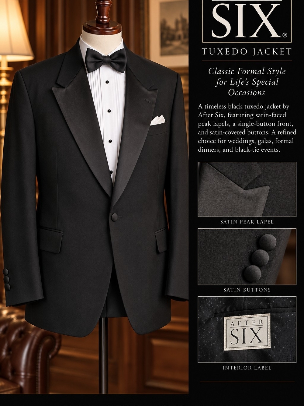 After Six Black Peak Lapel Tuxedo Jacket – 52L – Satin Trim – Formalwear